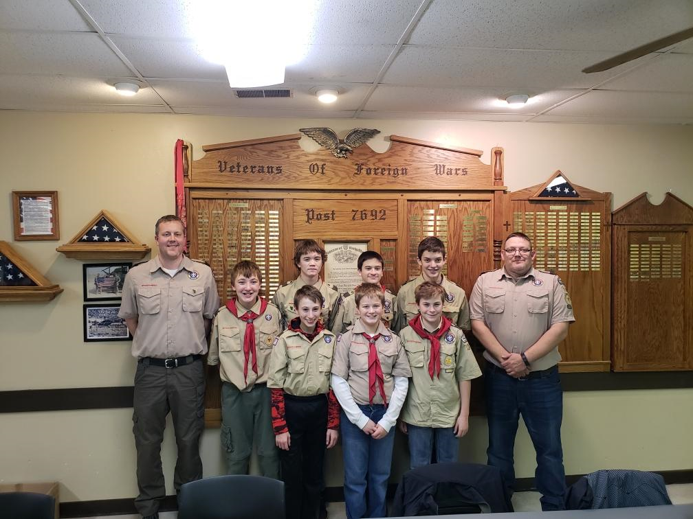 This is Freedom Scout Troop 105

Freedom Scouts troop 105 met at the VFW on November 26th for their monthly meeting 

An awards night for advancement

Left to right. Back row: Scout Master Chris Eckes, Dominick Wendt, Kaiden Volovsek, Nathan Lezotte, Evan Hansel, Assistant Scout Master Greg Hansel. 
Front row: Conner Vandenberg, Trentin Volovsek, Pierce Everson